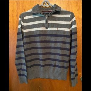 Tommy Hilfiger Grey with White & Blue Stripes Quarter Zip Front Pullover Sweater